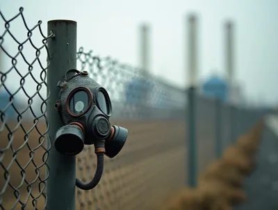 Gas Mask Hanging On A Chain Link Fence