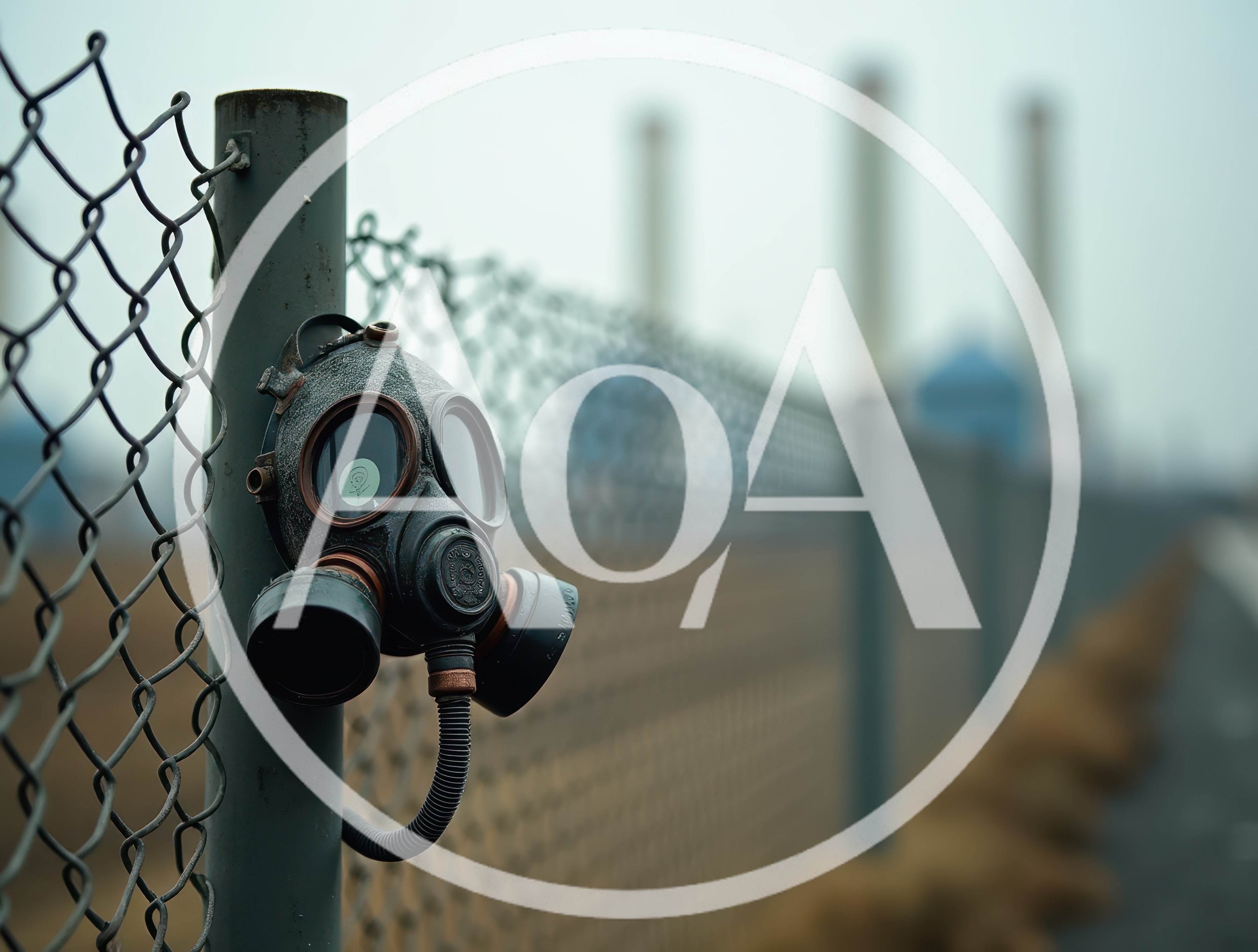 Gas Mask Hanging On A Chain Link Fence