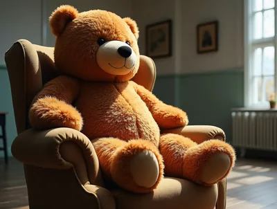 Large Brown Teddy Bear Sitting In An Armchair