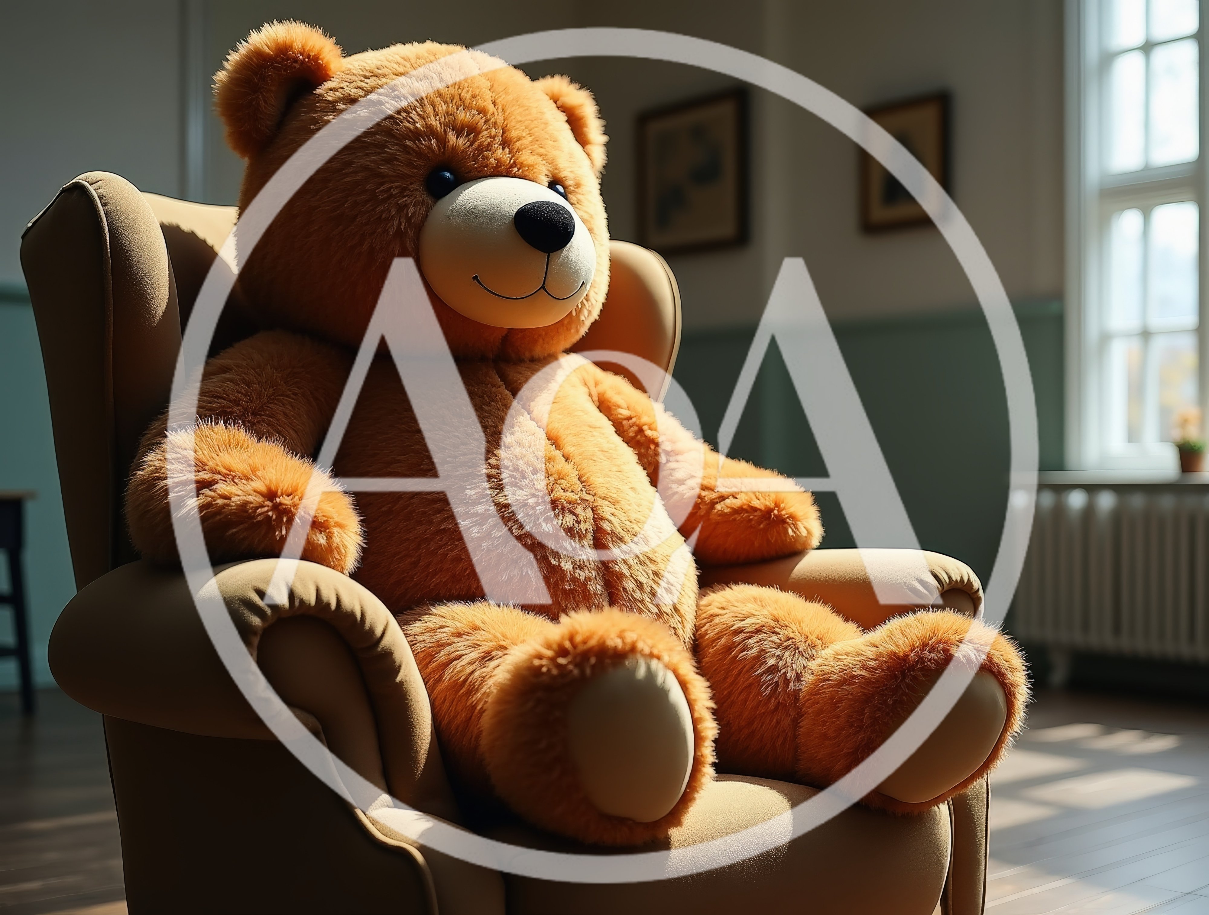 Large Brown Teddy Bear Sitting In An Armchair