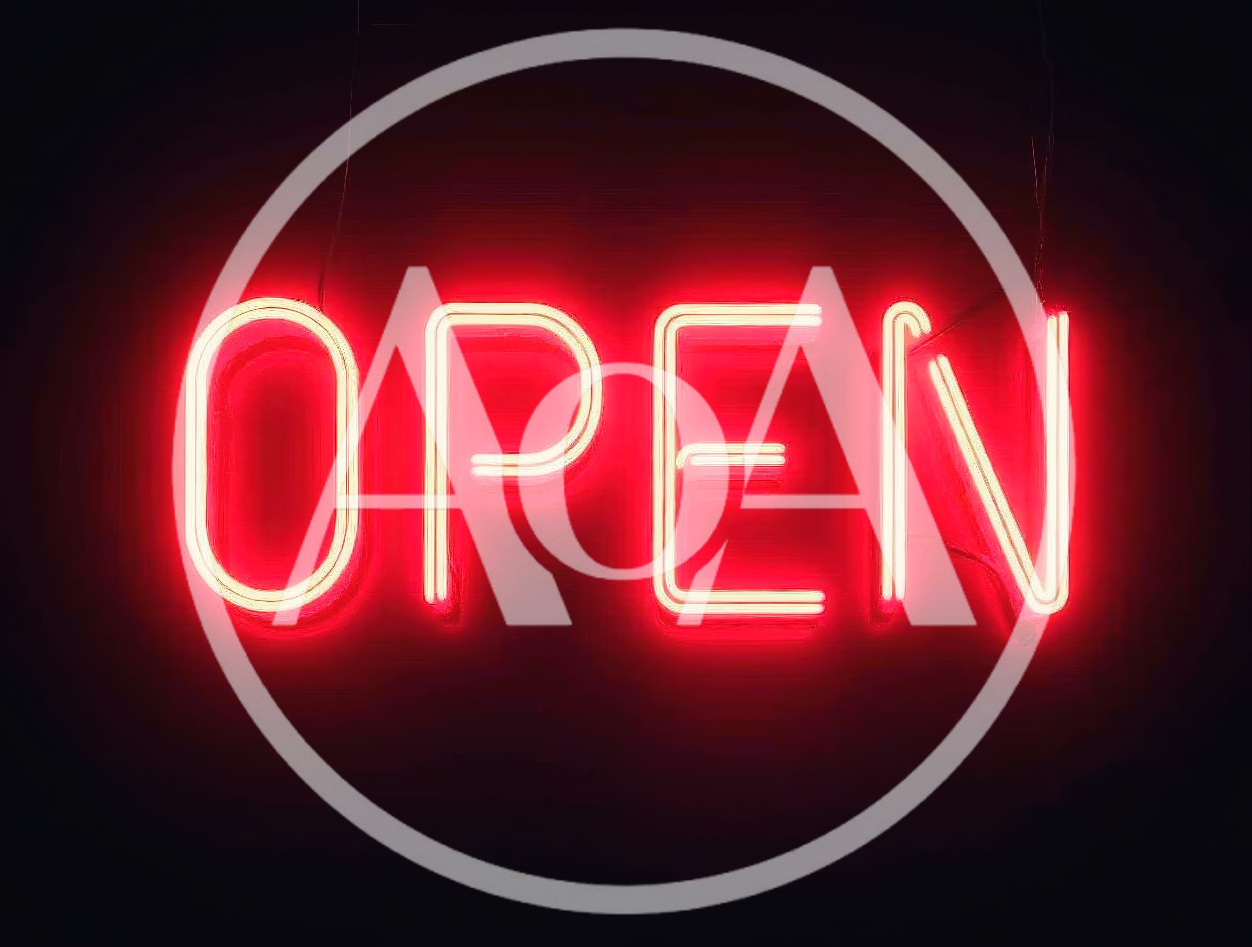 Bright Red Neon Open Sign Glowing In Darkness