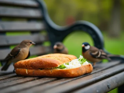 Small Birds Gathering Around A Sandwich On A Park Bench