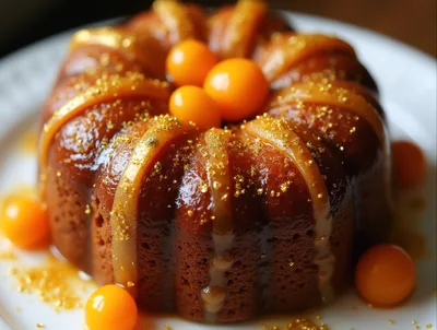 Gourmet Bundt Cake With Caramel Drizzle And Gold Flakes