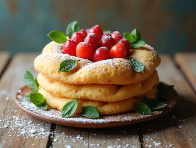 Stack Of Fluffy Pancakes With Fresh Berries And Mint