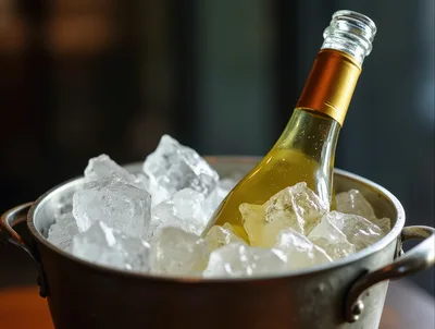 Chilled Bottle Of White Wine In Metal Ice Bucket