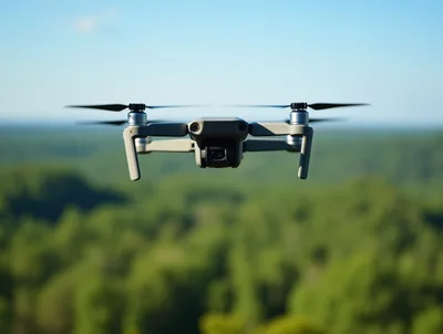 Grey Drone Hovering Over A Lush Green Forest