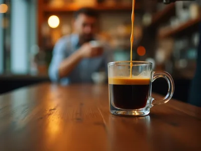 Espresso Pouring Into A Glass Mug In A Cafe