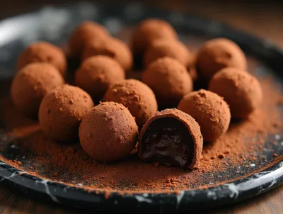 Chocolate Truffles Dusted With Cocoa Powder On Marble Plate