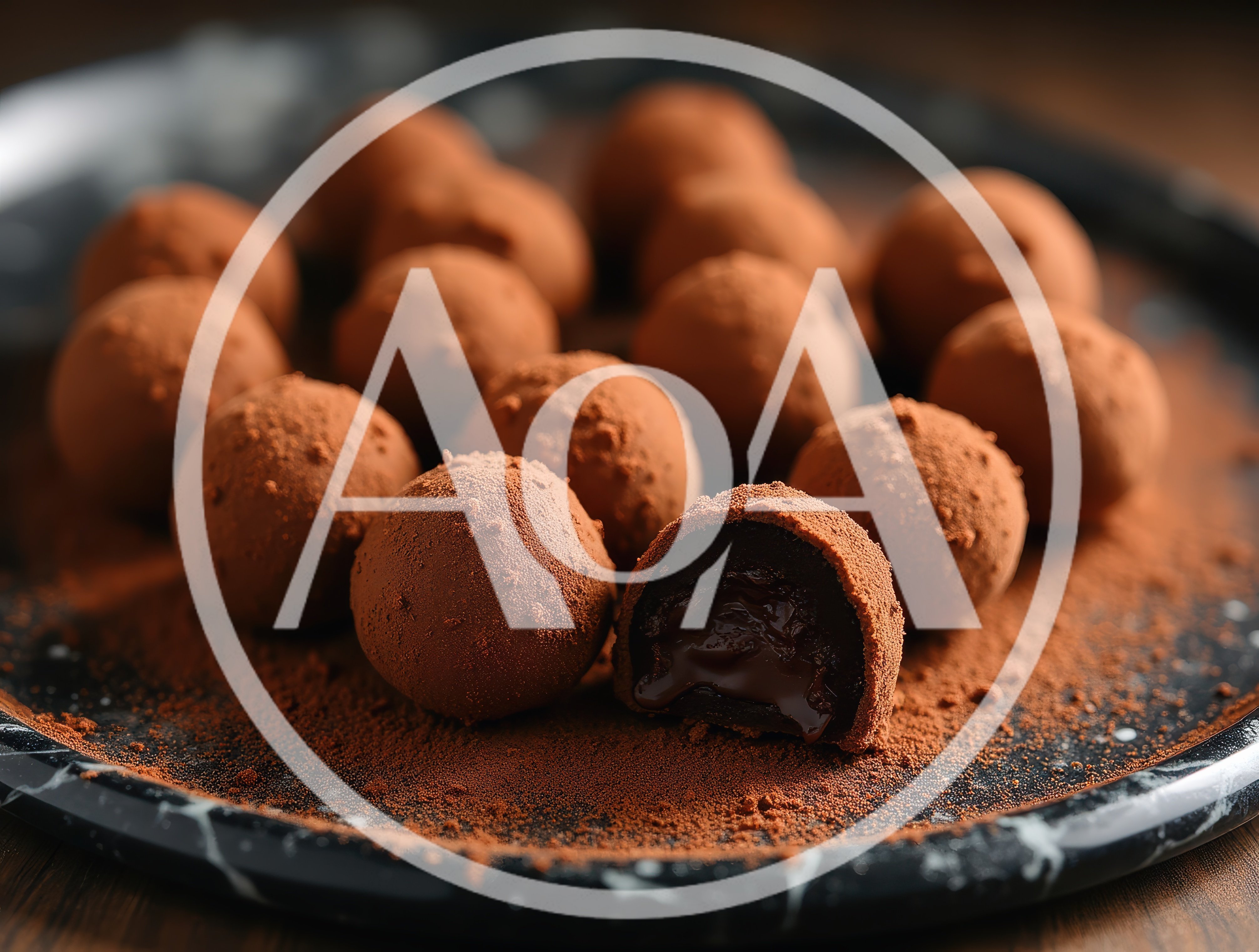 Chocolate Truffles Dusted With Cocoa Powder On Marble Plate