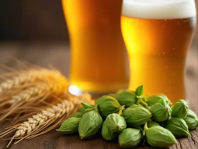 Fresh Hops and Barley With Beer Glasses