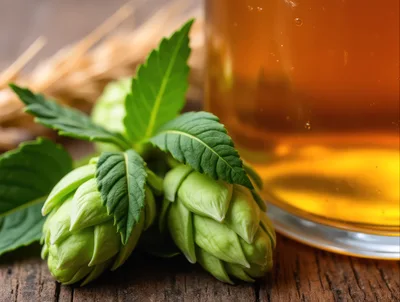 Fresh Green Hops and Beer Glass on Wooden Table