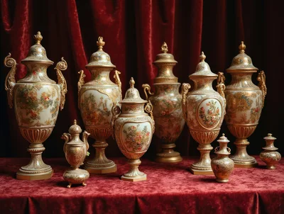 Collection Of Ornate Antique Porcelain Vases On Velvet