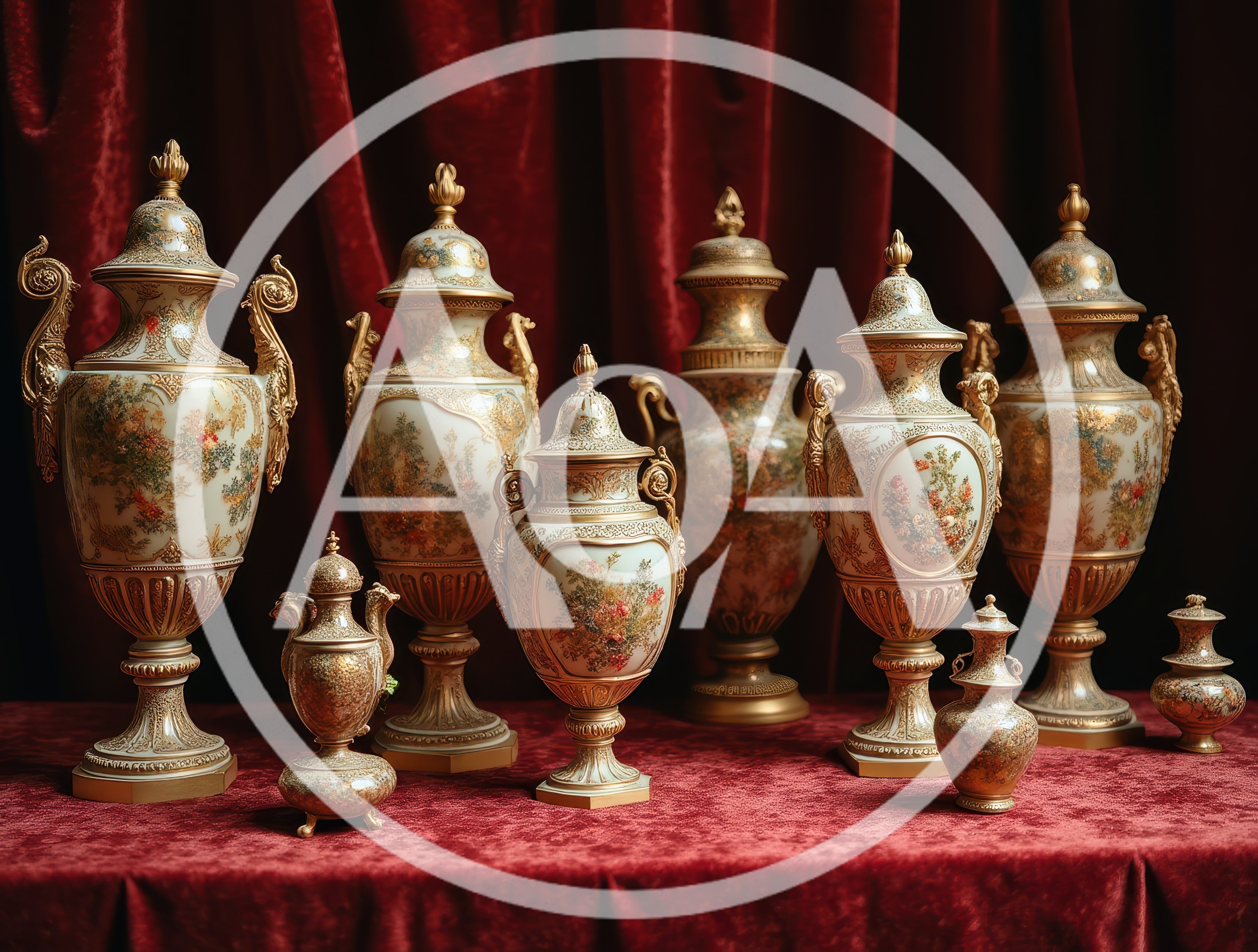 Collection Of Ornate Antique Porcelain Vases On Velvet