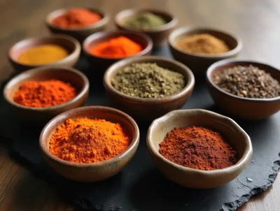 Assorted Spices In Small Ceramic Bowls On Slate