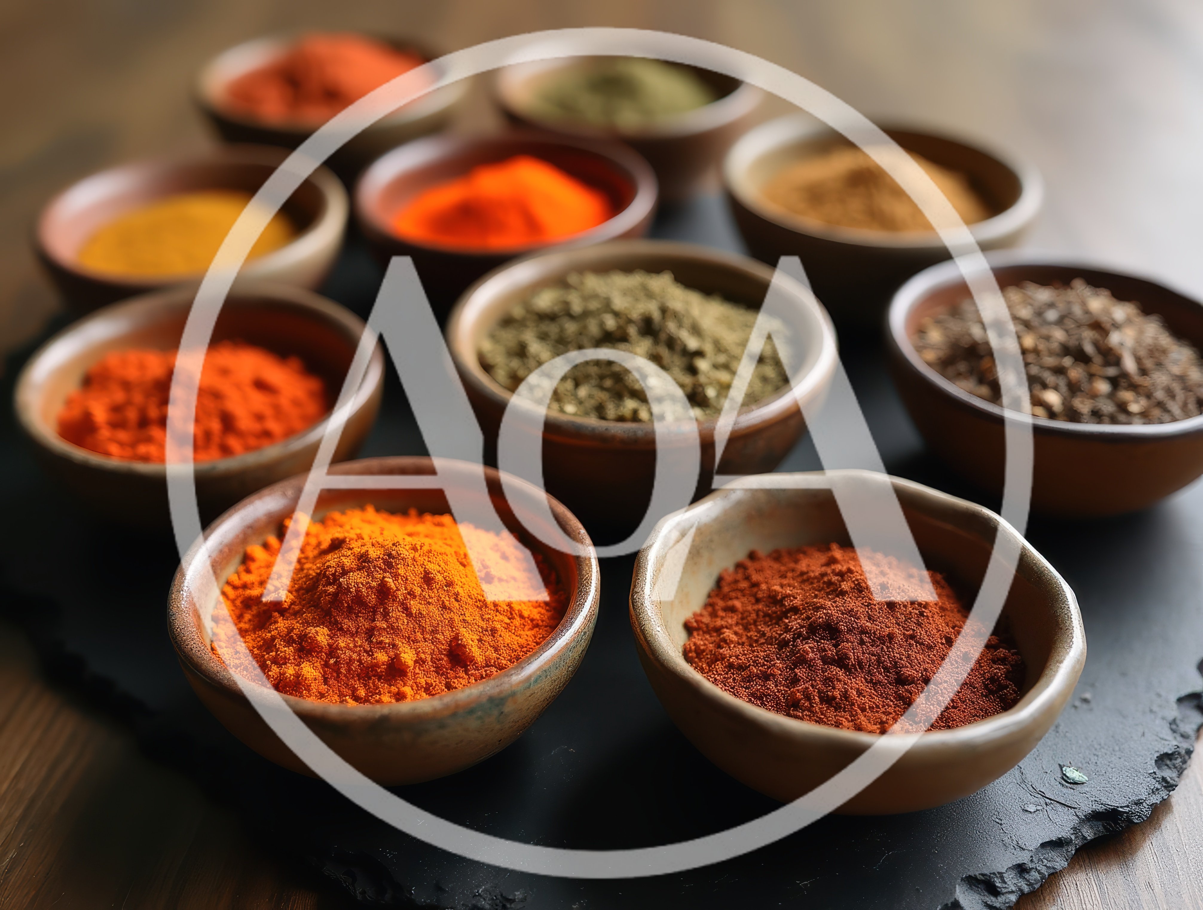 Assorted Spices In Small Ceramic Bowls On Slate