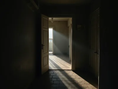 Sunlight Streaming Through An Open Doorway In A Hallway