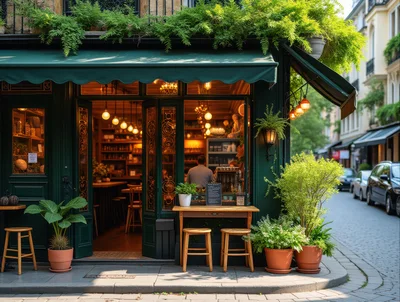 Cozy Green Cafe Exterior With Outdoor Seating
