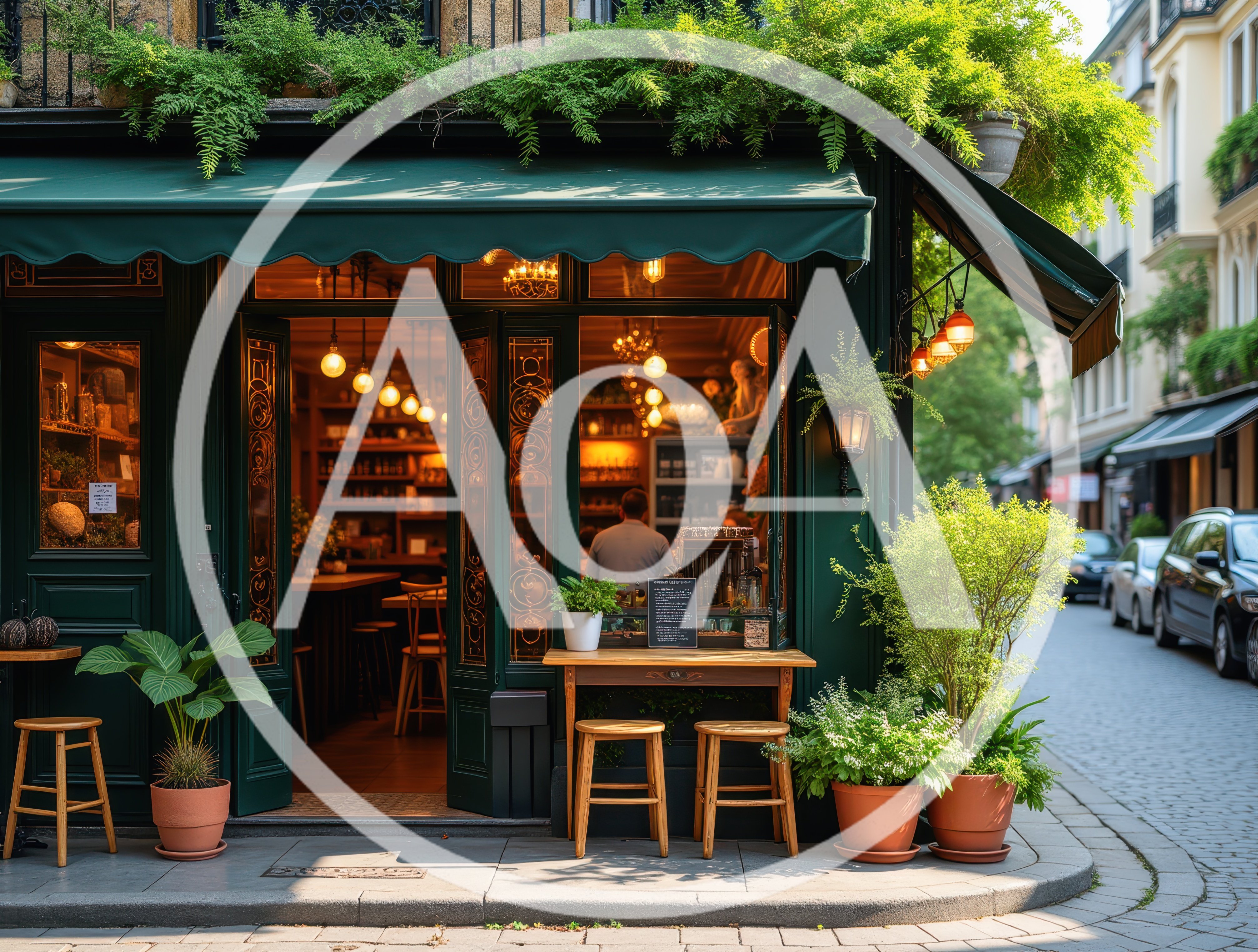 Cozy Green Cafe Exterior With Outdoor Seating
