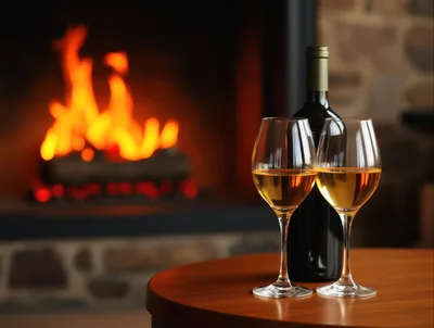 Two Glasses Of White Wine By A Cozy Fireplace