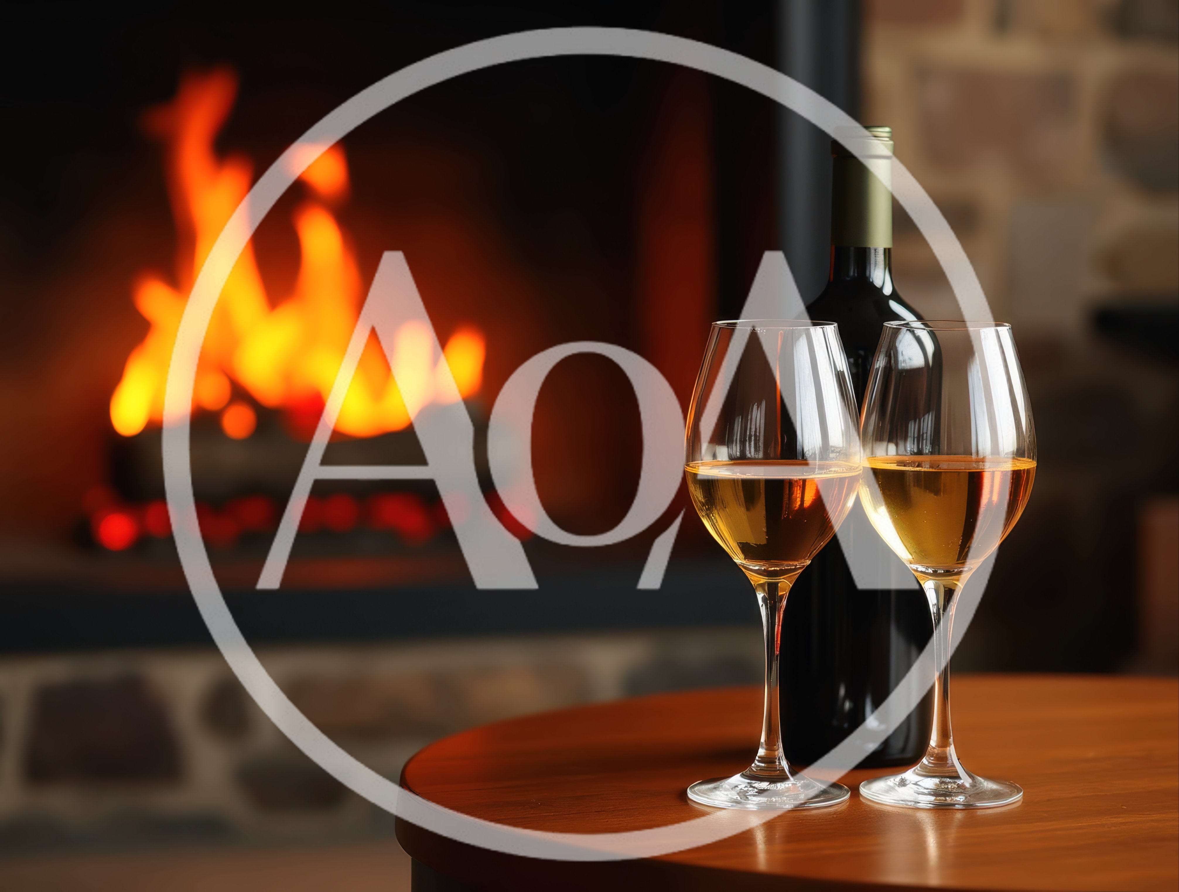 Two Glasses Of White Wine By A Cozy Fireplace
