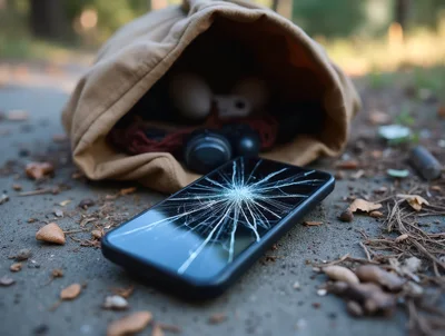 Broken Smartphone Screen Lying On Forest Ground