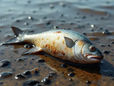 Dead Fish Lying on Shallow Water Shoreline