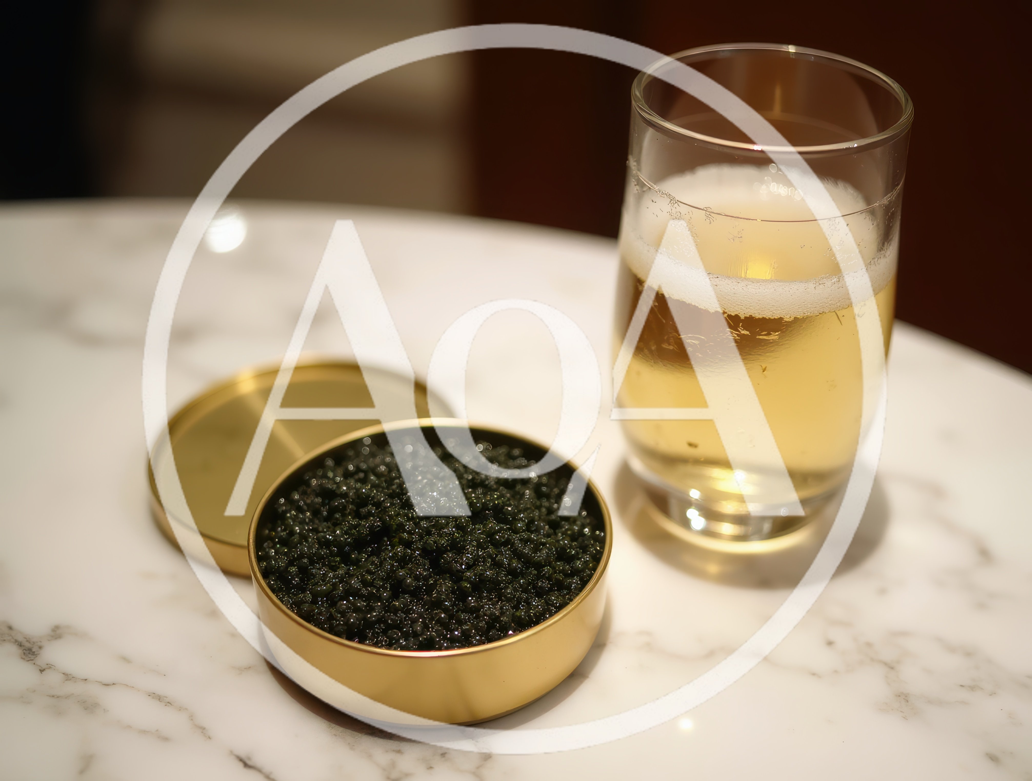 Caviar Tin And Glass Of Champagne On Marble Table