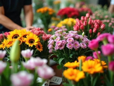 Florist Arranging Fresh Colorful Flowers In A Shop