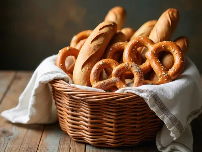 Freshly Baked Bread And Pretzels In A Wicker Basket