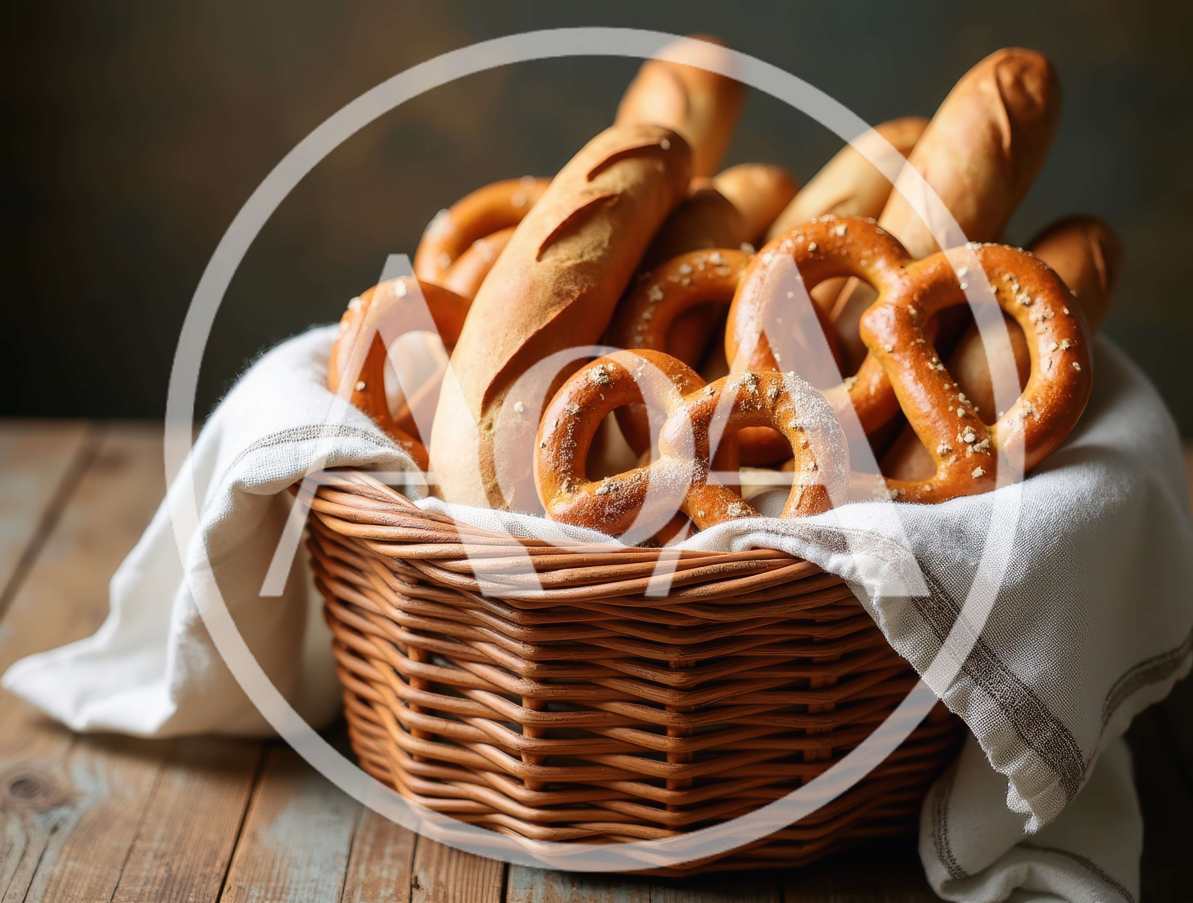 Freshly Baked Bread And Pretzels In A Wicker Basket