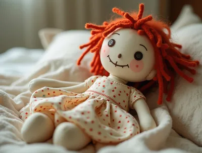 Rag Doll With Red Yarn Hair On Bed