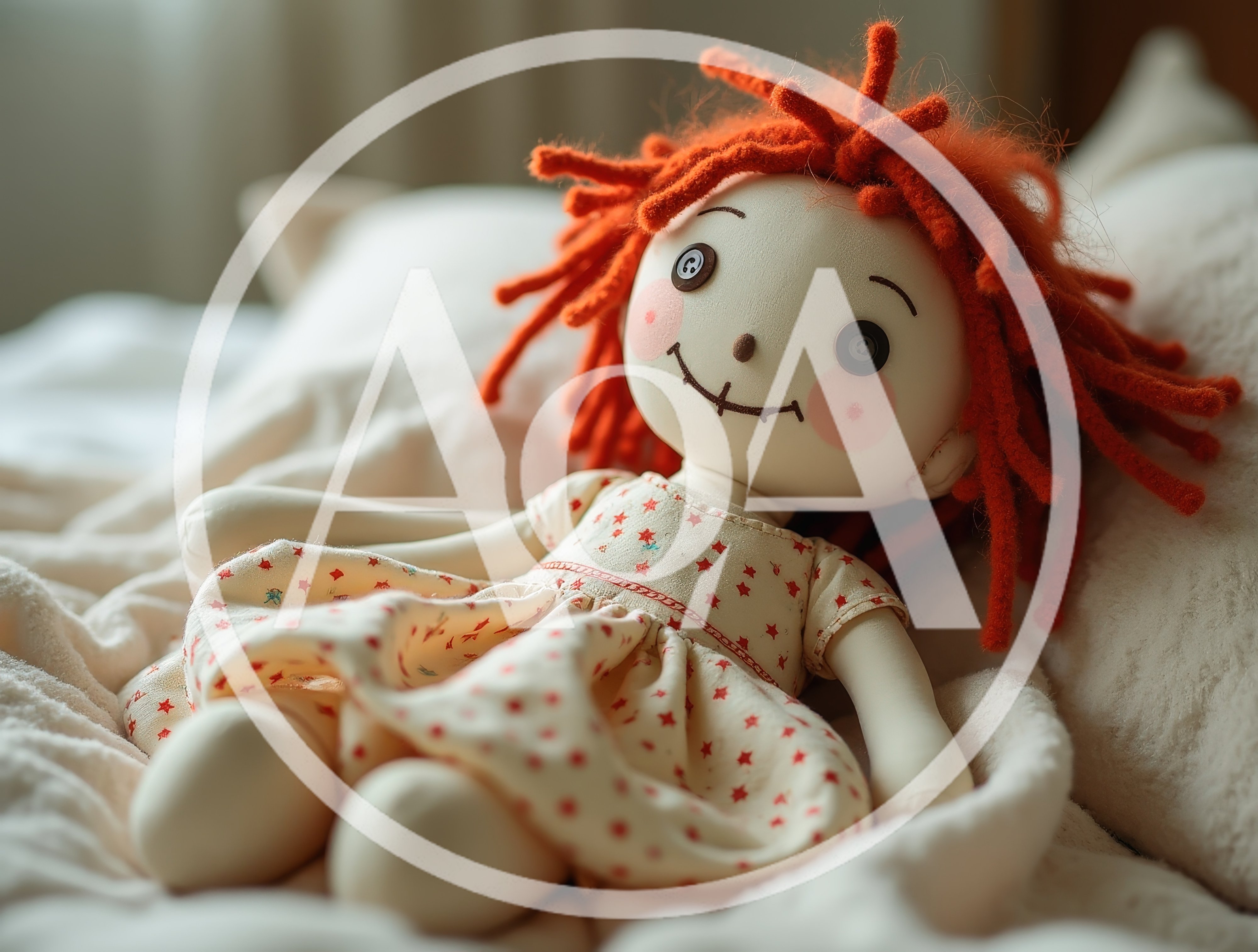 Rag Doll With Red Yarn Hair On Bed