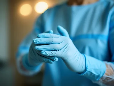 Medical Professional Putting On Sterile Blue Latex Gloves