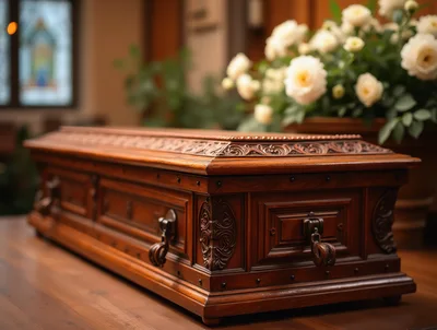 Ornate Wooden Casket Resting In A Funeral Chapel
