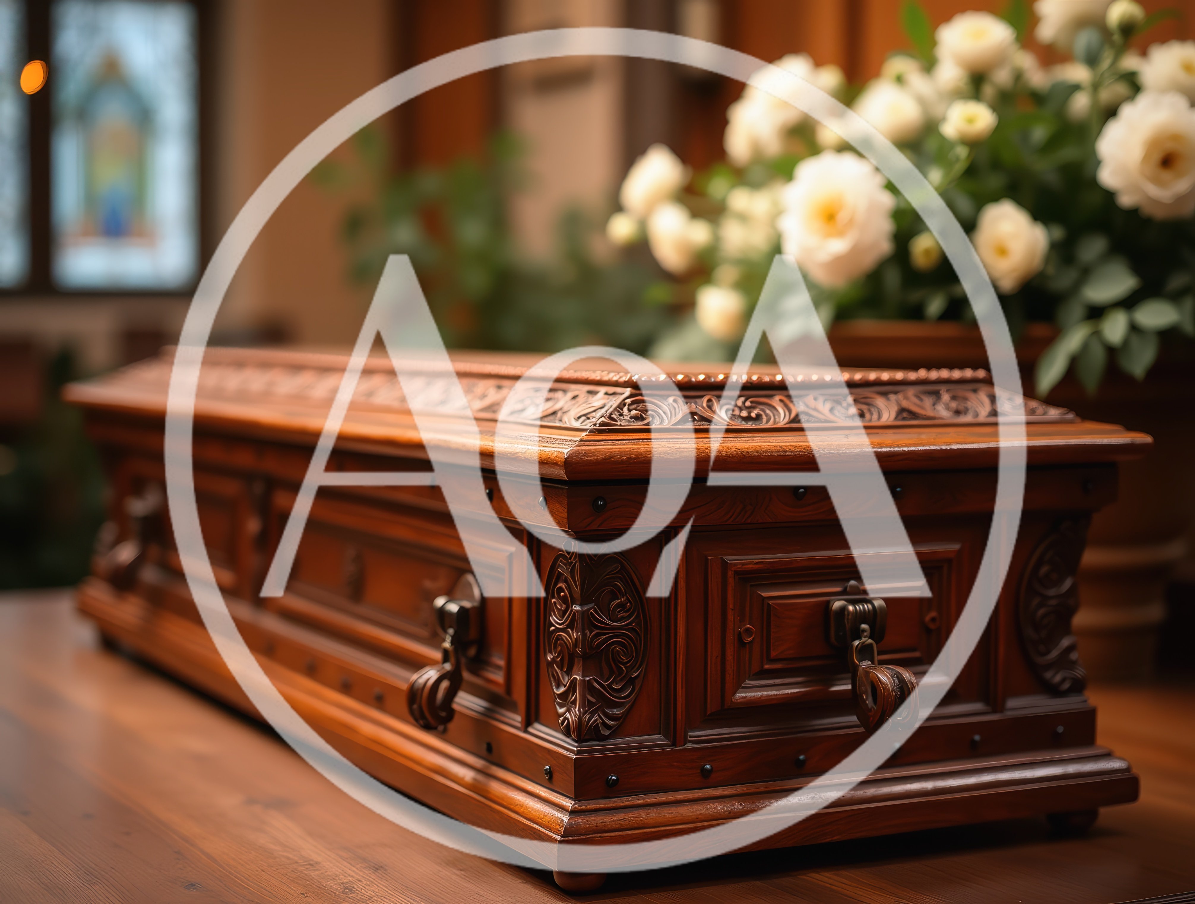 Ornate Wooden Casket Resting In A Funeral Chapel