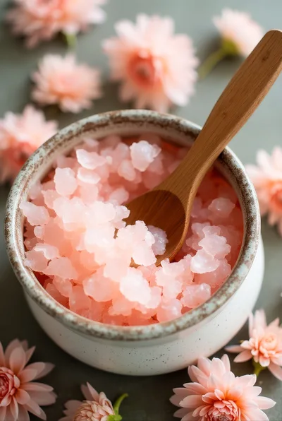 Pink Crystal Bath Salt In Ceramic Bowl With Flowers