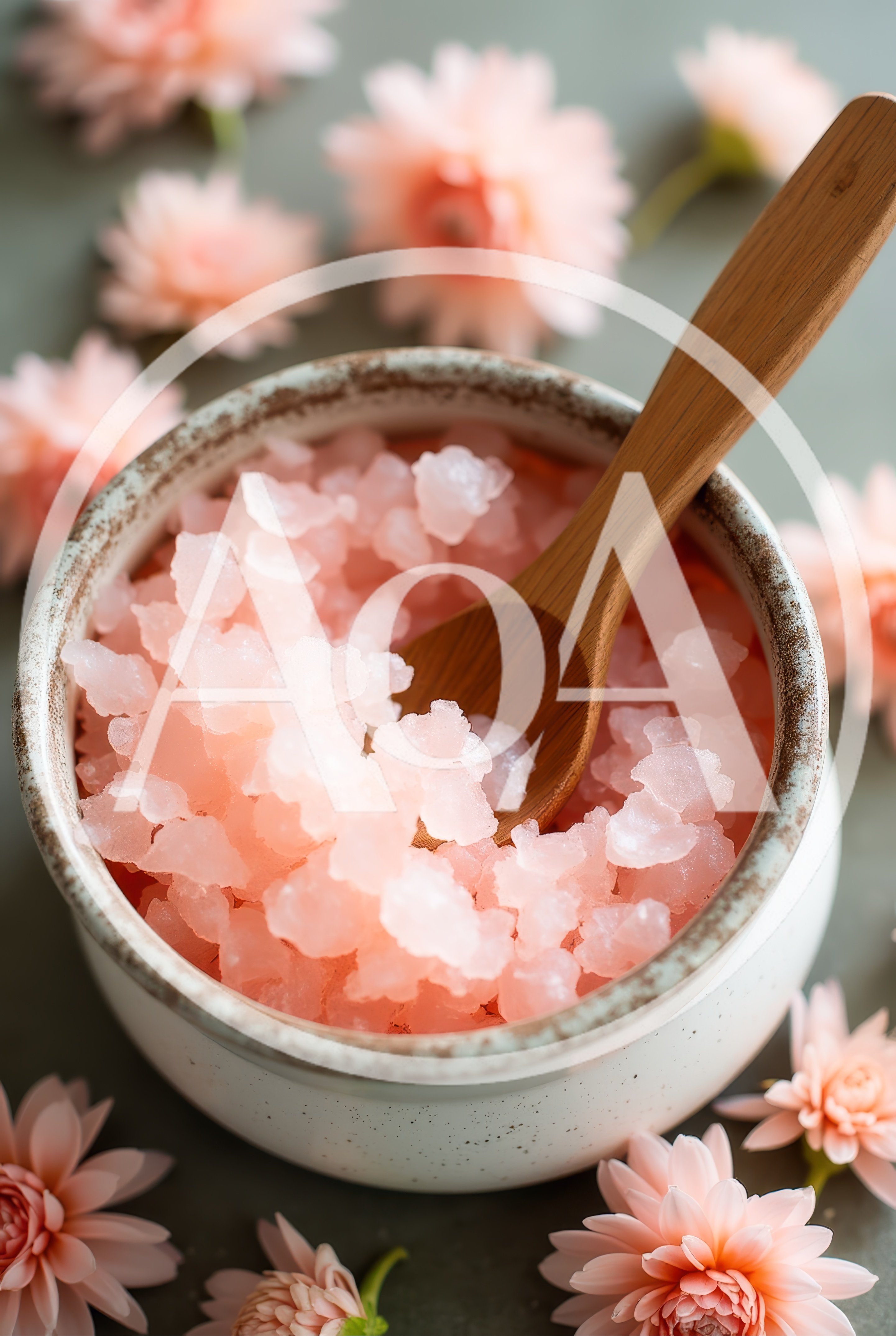 Pink Crystal Bath Salt In Ceramic Bowl With Flowers