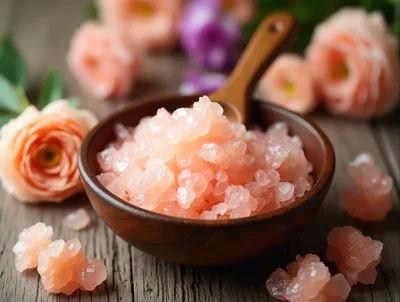 Pink Himalayan Salt Scrub In A Wooden Bowl