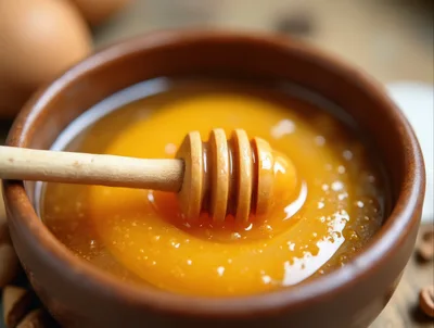 Wooden Honey Dipper Resting In A Bowl Of Honey