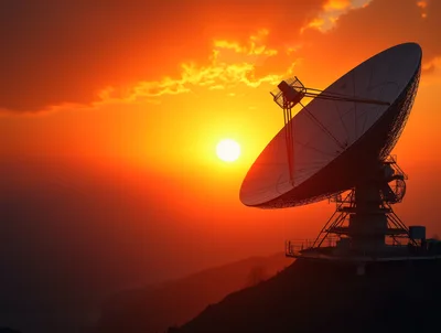 Large Satellite Dish Antenna At Sunset