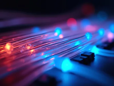 Fiber Optic Cables Transmitting Data With Glowing Lights
