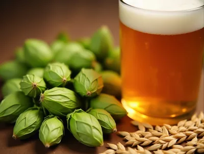 Fresh Green Hops And Barley Grains With Beer