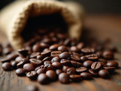 Roasted Coffee Beans Spilling From A Burlap Sack