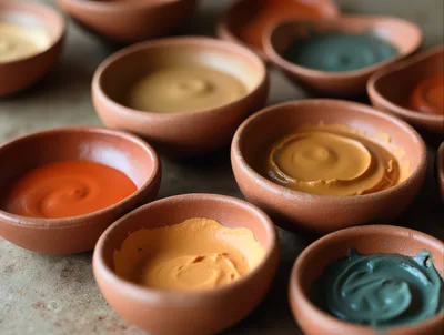Assorted Pigment Paints In Small Clay Bowls