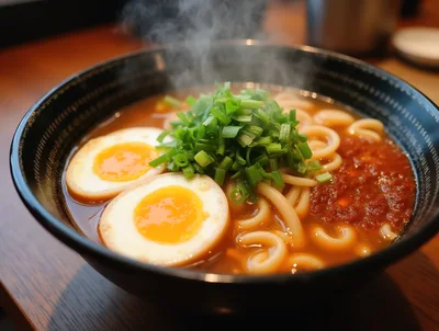 Steaming Bowl Of Spicy Ramen With Soft Boiled Eggs