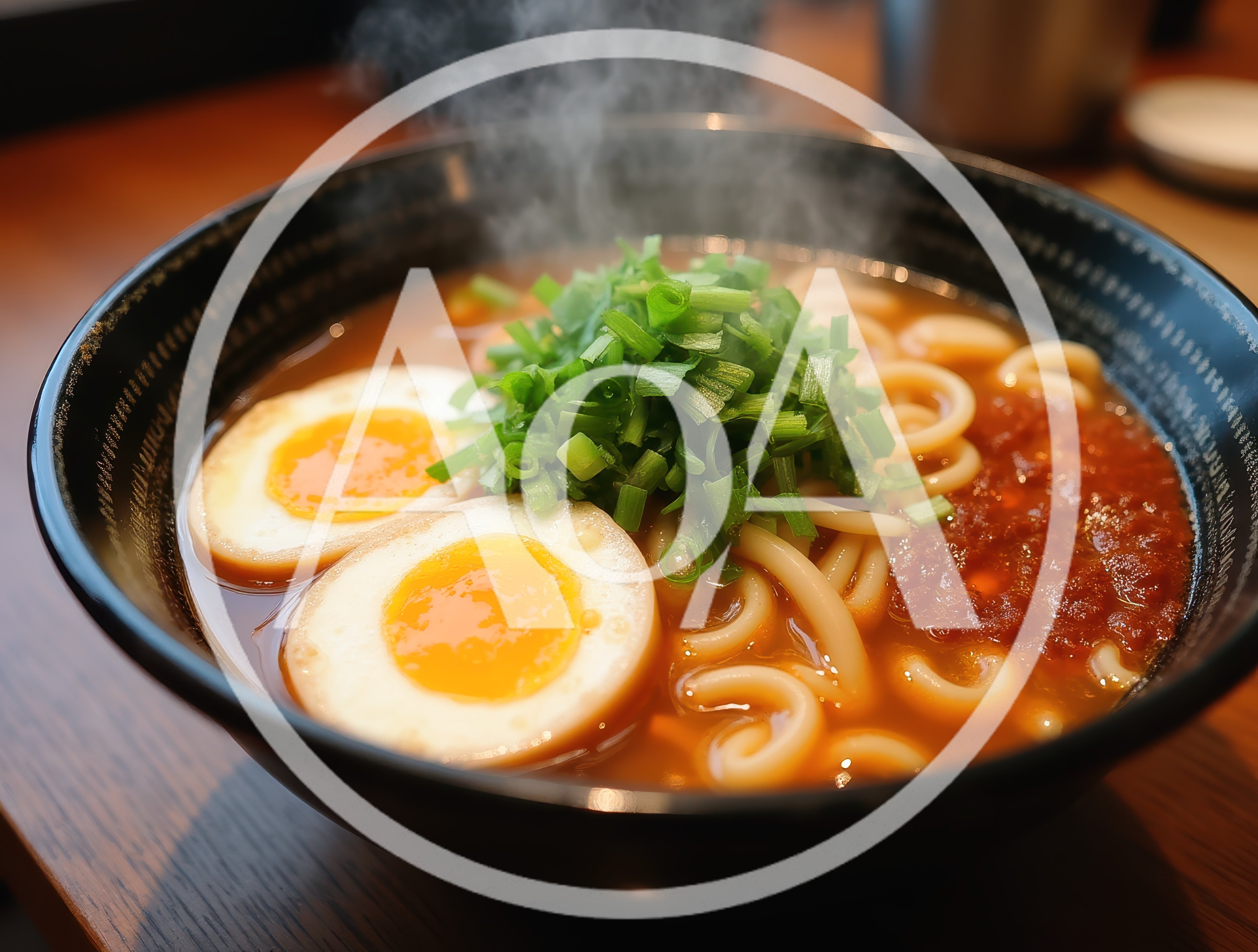 Steaming Bowl Of Spicy Ramen With Soft Boiled Eggs