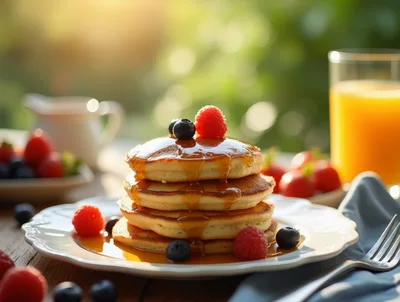 Stack of Pancakes with Berries and Syrup