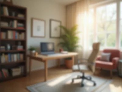 Modern Home Office Interior With Desk And Bookshelf