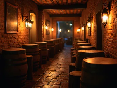 Rustic Tavern Hallway With Wooden Barrels