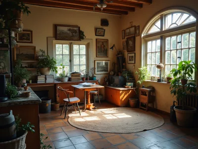 Sunlit Vintage Study Room With Potted Plants